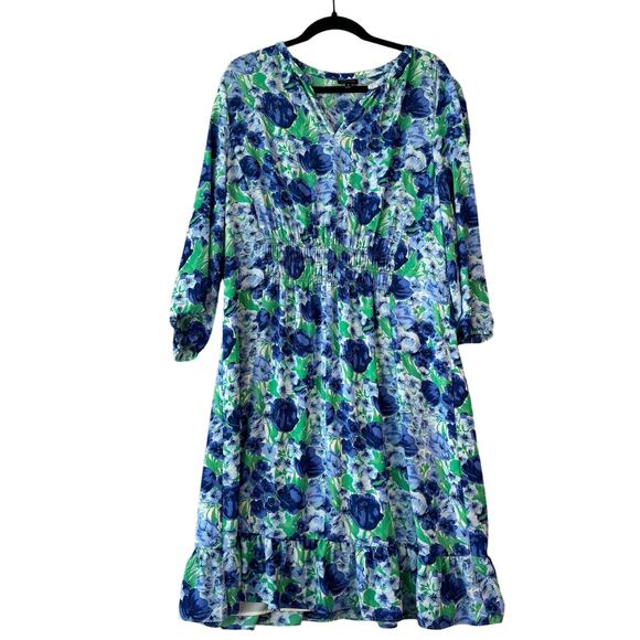 Talbots Dresses & Skirts - Talbots Dress Womens 18 Blue Green Floral Smocked Midi Cottagecore Ruffle Hem